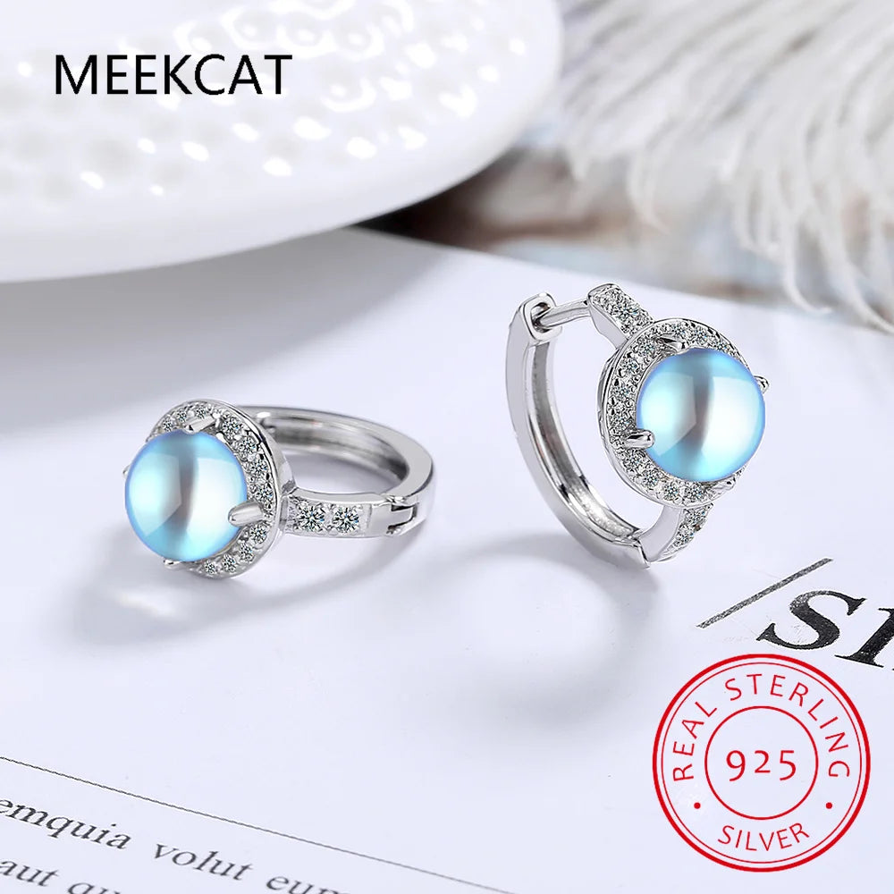 Round Cut Natural Colorful Moonstone 925 Sterling Silver Hoop Earrings for Women Gemstone Statement Jewelry Aretes De Mujer