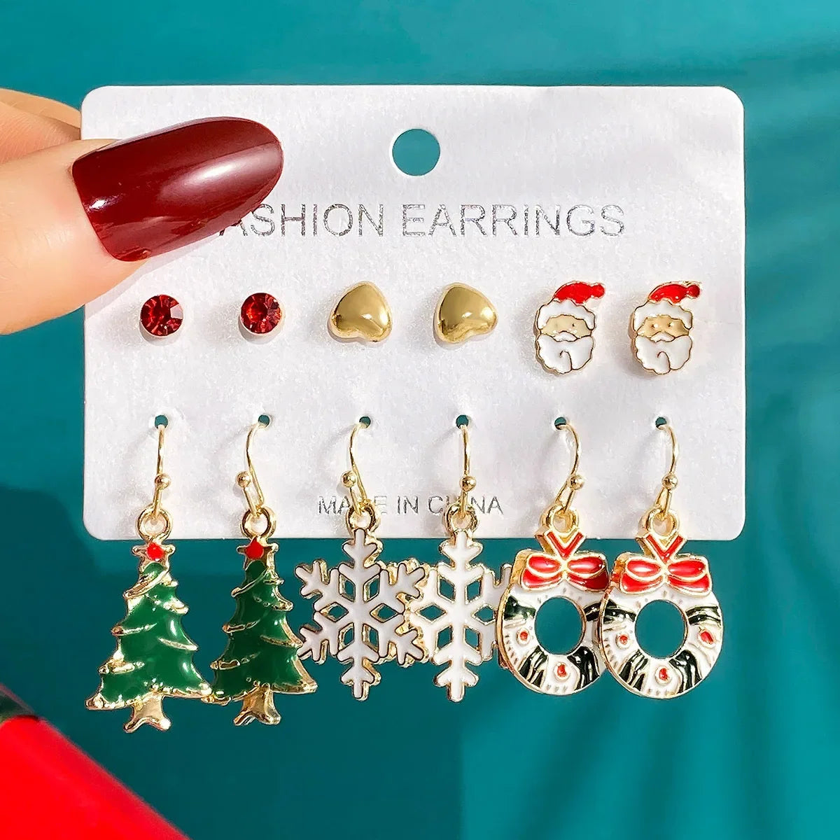 Ensemble de 6 paires de boucles d'oreilles de Noël, motif dessin animé dégoulinant d'huile, élan, Père Noël et sapin de Noël pour femmes