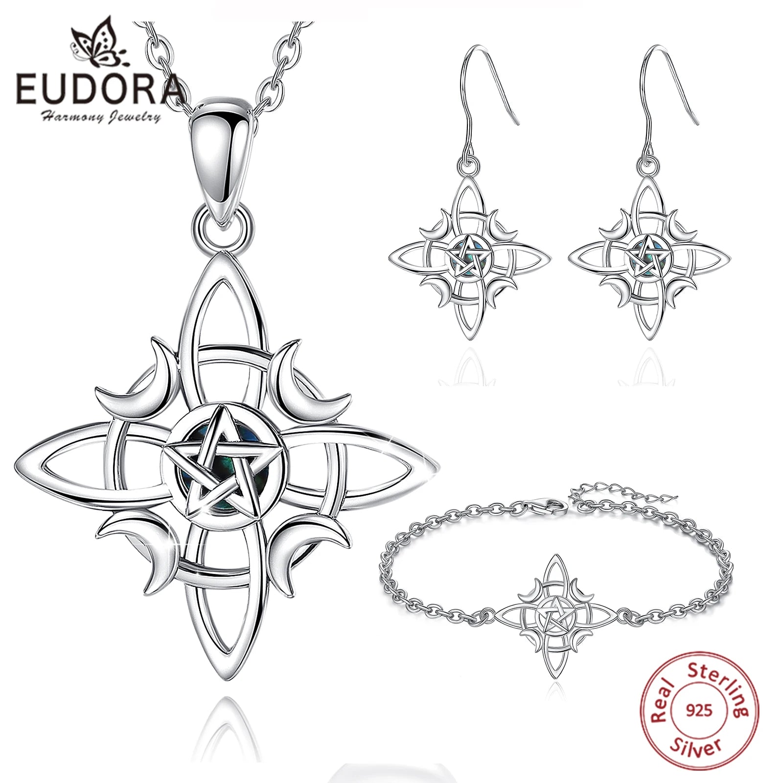 Eudora 925 Sterling Silber Hexenknoten Schmuckset Mond Wicca Amulett Halskette Armband Ohrringe &amp; Ring Feines Geschenk für Frauen