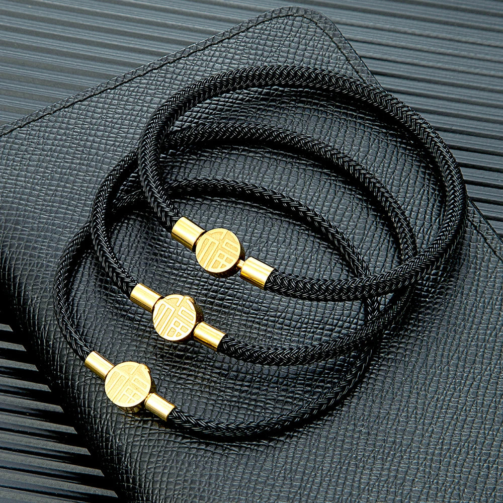 MKENDN 3-4-5mm Black Braided Non-fading Steel Wire Rope Bracelet Men Women Stainless Steel Button Jewelry Unisex Couple Gift
