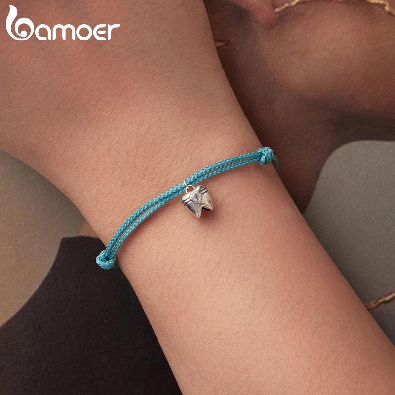 BAMOER 925 Sterling Silver Blue Rope Bracelet Teeth Zircon Pendant Knot Wrist Chain Adjustable for Women Summer Fresh Party Gift