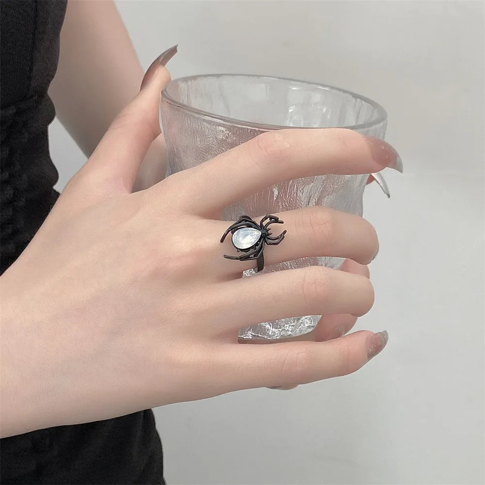 Halloween Creative Black Spider Opening Ring For Women Crystal Irregular Dark Animal Bat Ghost Gothic Finger Rings Party Jewelry
