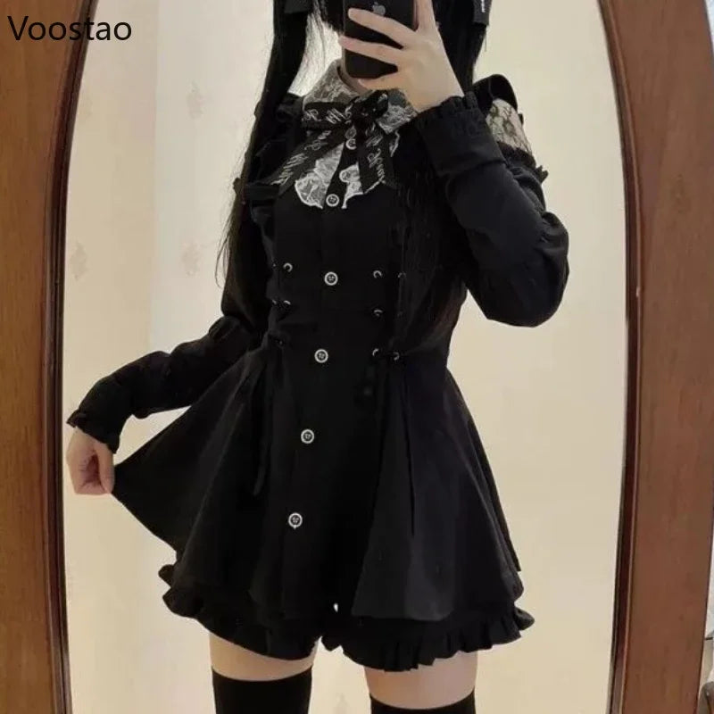 Japanischer Gothic-Stil Y2K Lolita Schleifenkleid Shorts Set Damen Süßes Langarmhemd Partykleider Vintage Karo Slim Minikleid