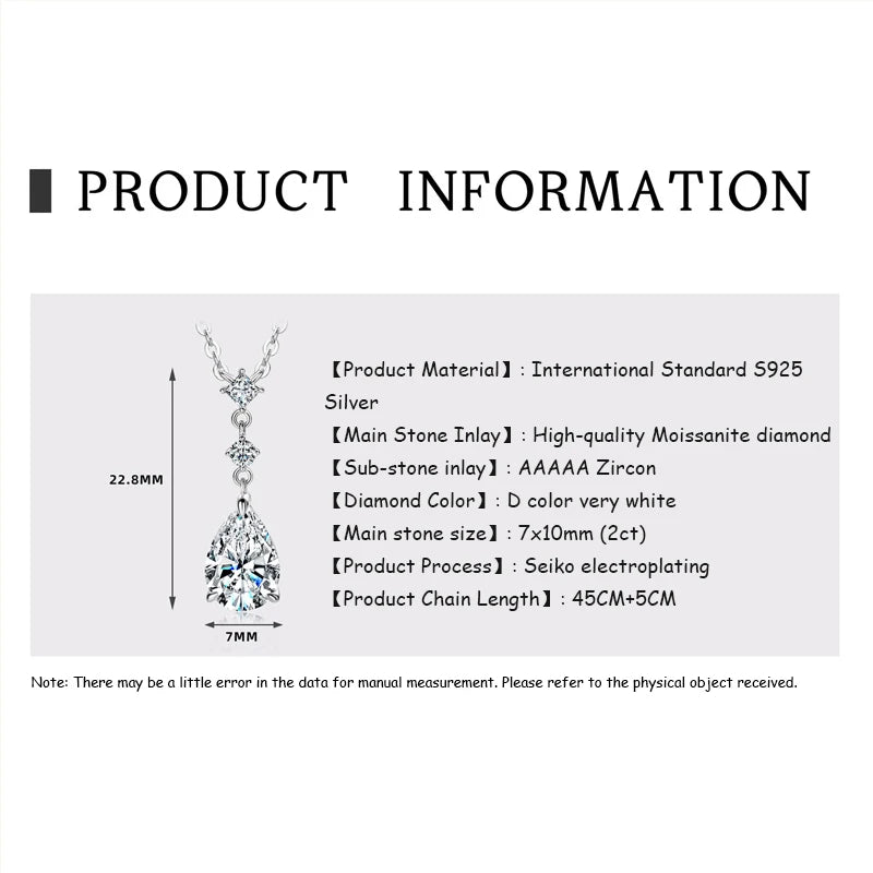 OXTAO 7x10mm 2.0ct Adjustable Water Drop Shape Moissanite Pendant Necklace Women's 925 Sterling Silver Luxury Jewelry Party Gift