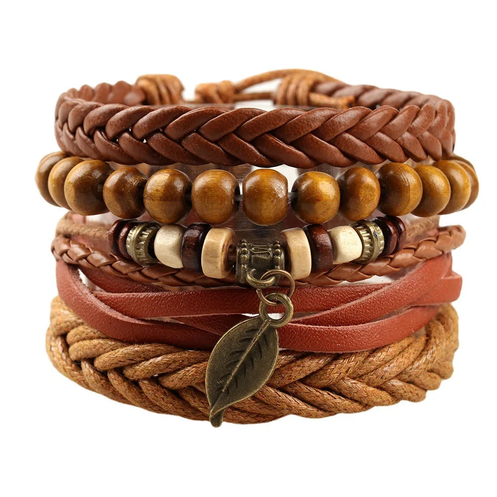 4Pcs/ Set Braided Wrap Leather Bracelets for Men Vintage Life Tree Rudder Charm Wood Beads Ethnic Tribal Wristband Rope Bracelet