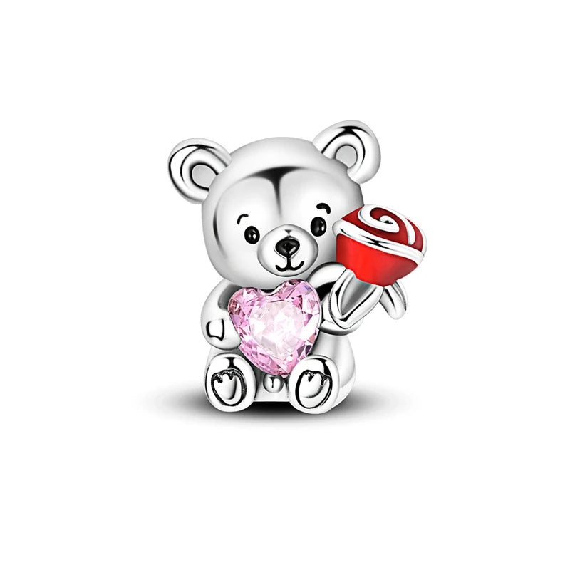 New 925 Silver Pink Rabbit Bear Cat Dog Animal Charms Beads Fit 3mm 925 Original Bracelets Fine DIY Birthday Jewelry
