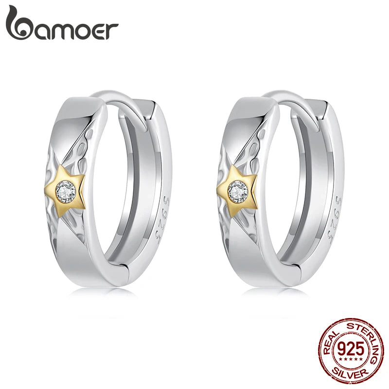 BAMOER Creolen aus 925er Sterlingsilber mit Stern-Motiv für Damen, vergoldete Creolen, schlichte, minimalistische Creolen, hypoallergene Ohrringe