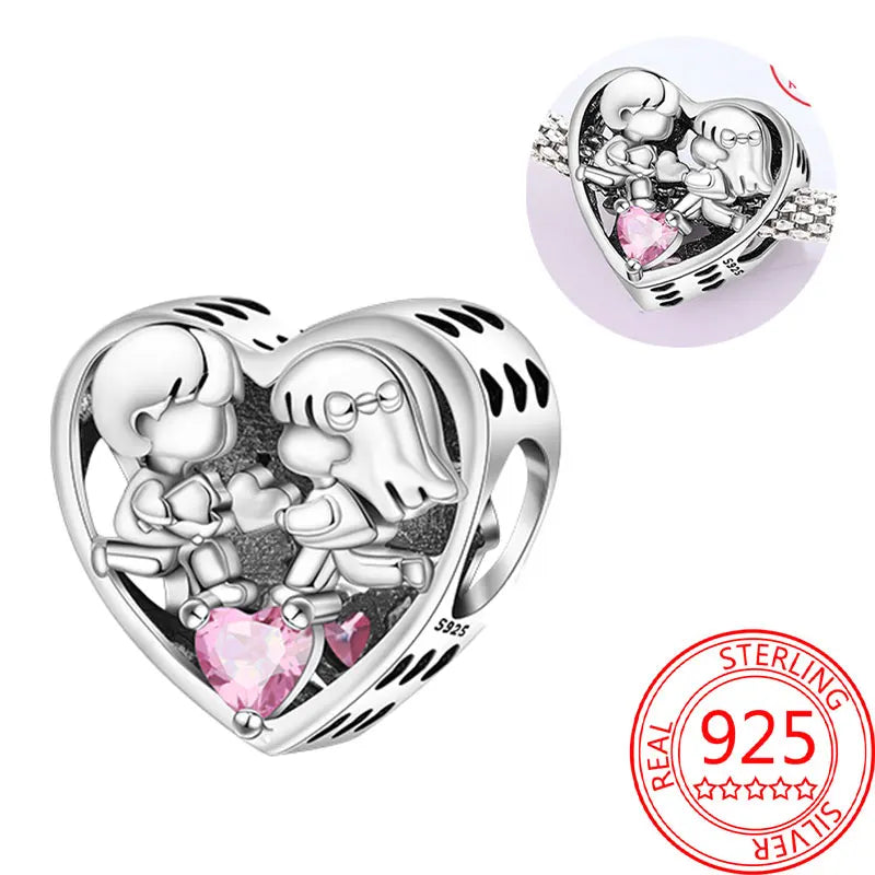 925 Sterling Silver Sparkling Pink Heart Charm Pendant Beads Fit Original Bracelet for Women Valentine Day Jewelry Gifts
