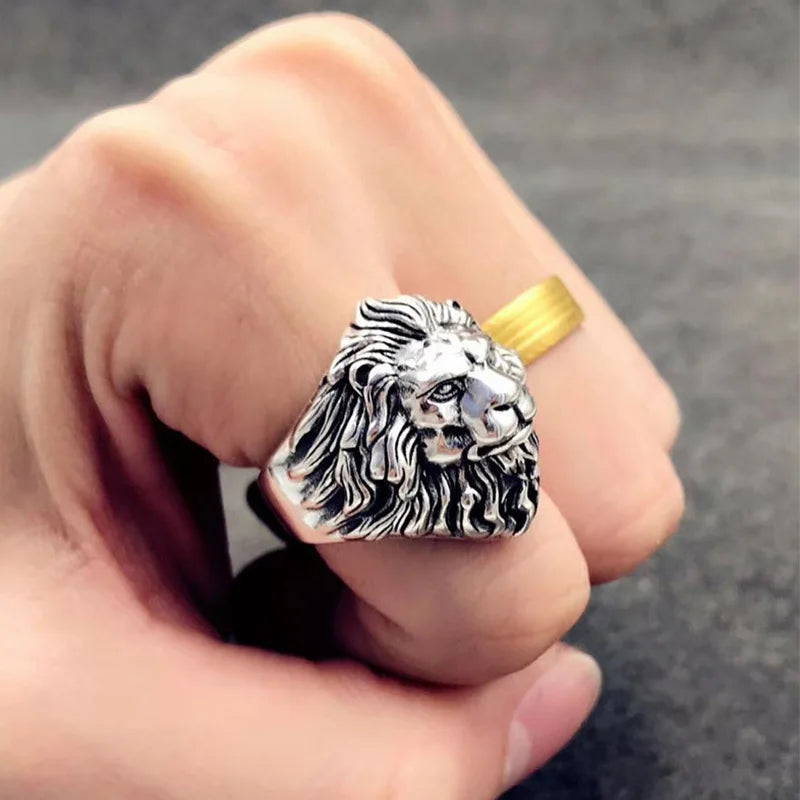 Retro Lion Head Large Ring For Men Silver Color Punk Gothic Open Ring Handmade Jewelry Rock Hiphop Biker Accessories Man Gift