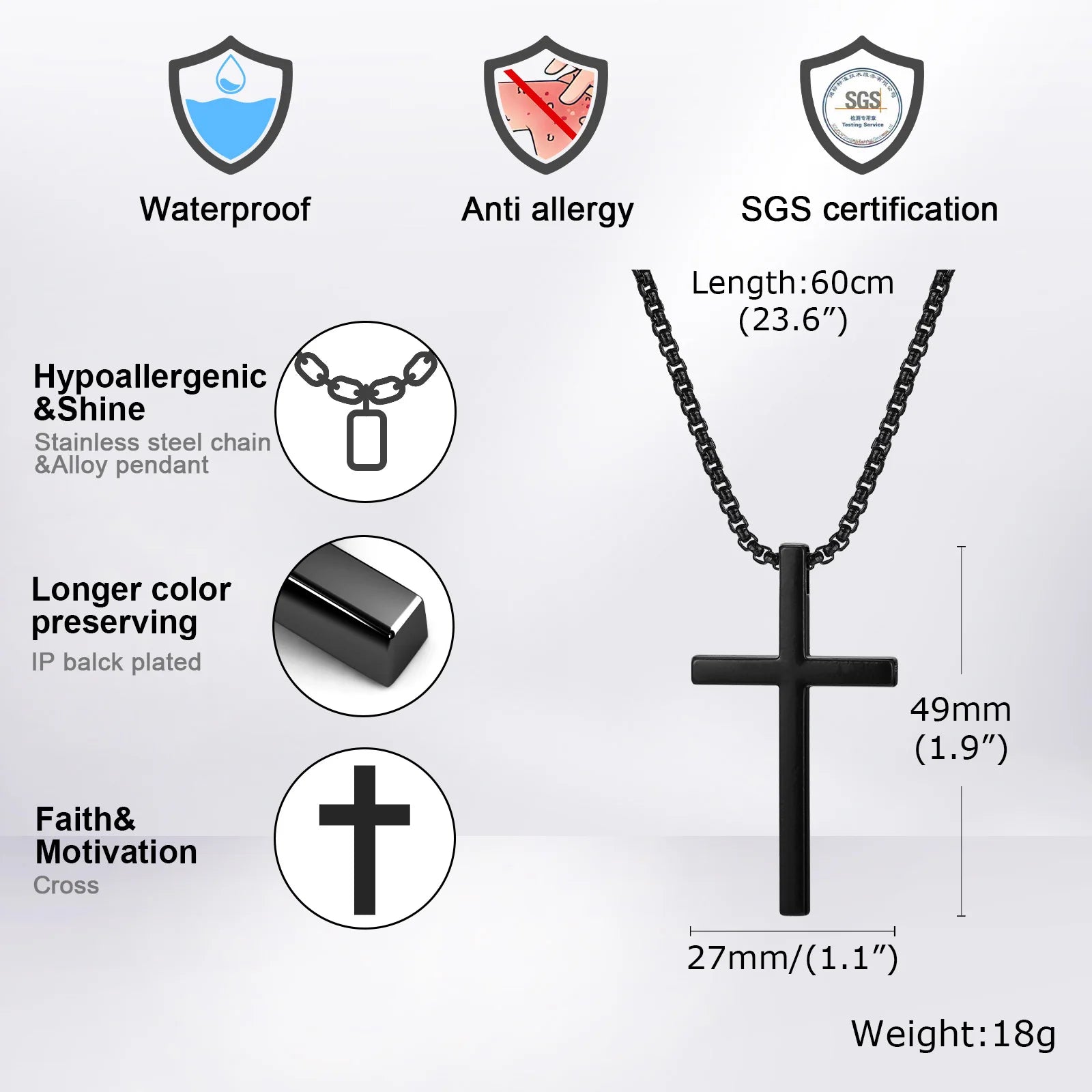 Vnox Unisex Box Chain Cross Necklaces, Men Women Stainless Steel Chain with Alloy Cross Pendant, Religious Faith Cross Necklace - Madeinsea©
