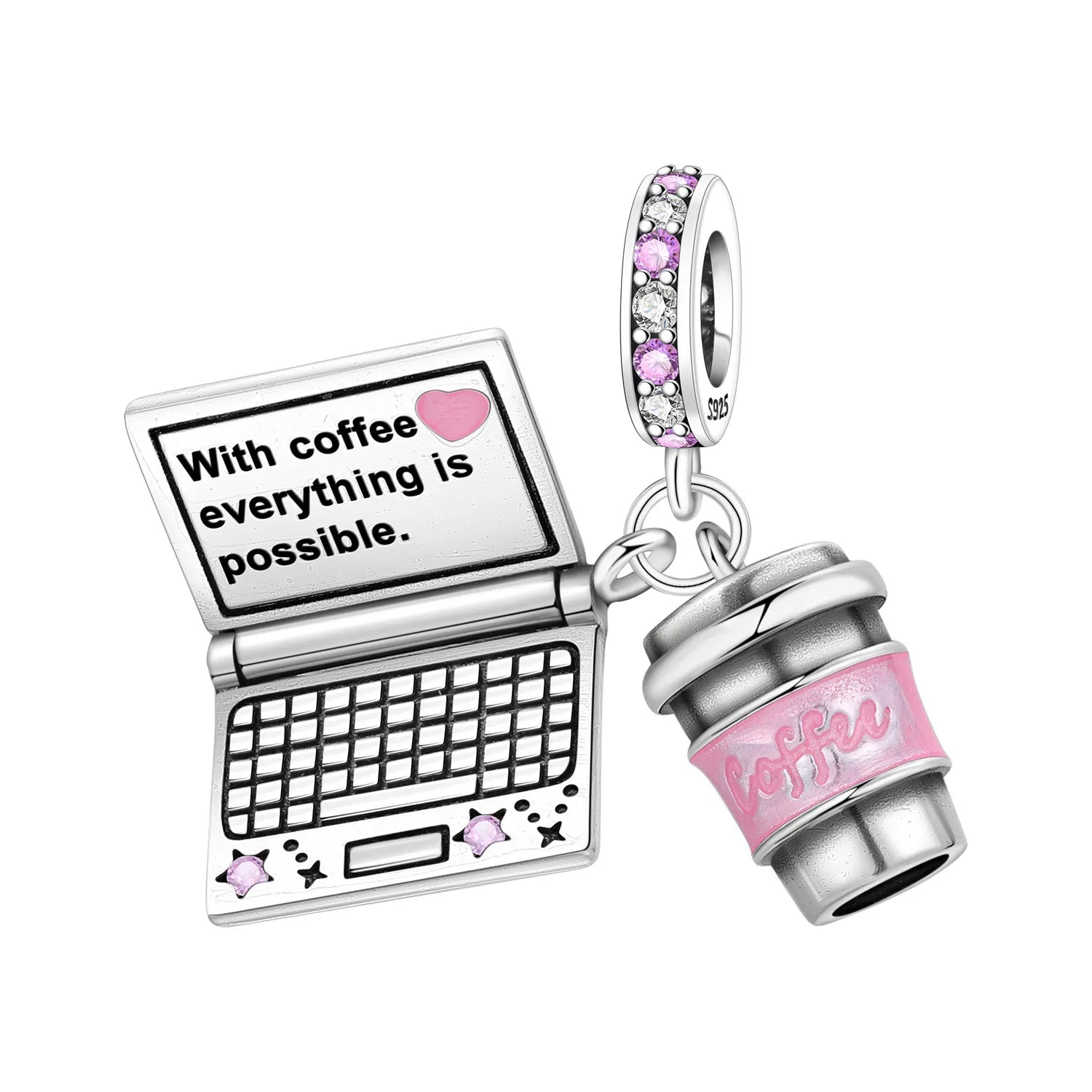 PANPOKI 925 Sterling Silver Pink Coffee Notebook Beads Original Pendants Bracelet Charm Jewelry Party DIY Trendy Gifts