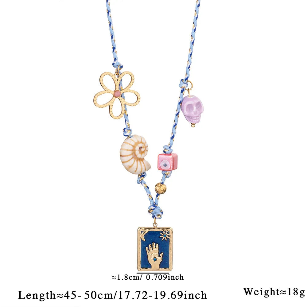 Collier pendentif carte de tarot en émail multicolore effet dégoulinant, texture coquillage, corde colorée, palmier, bijoux d'été et de plage