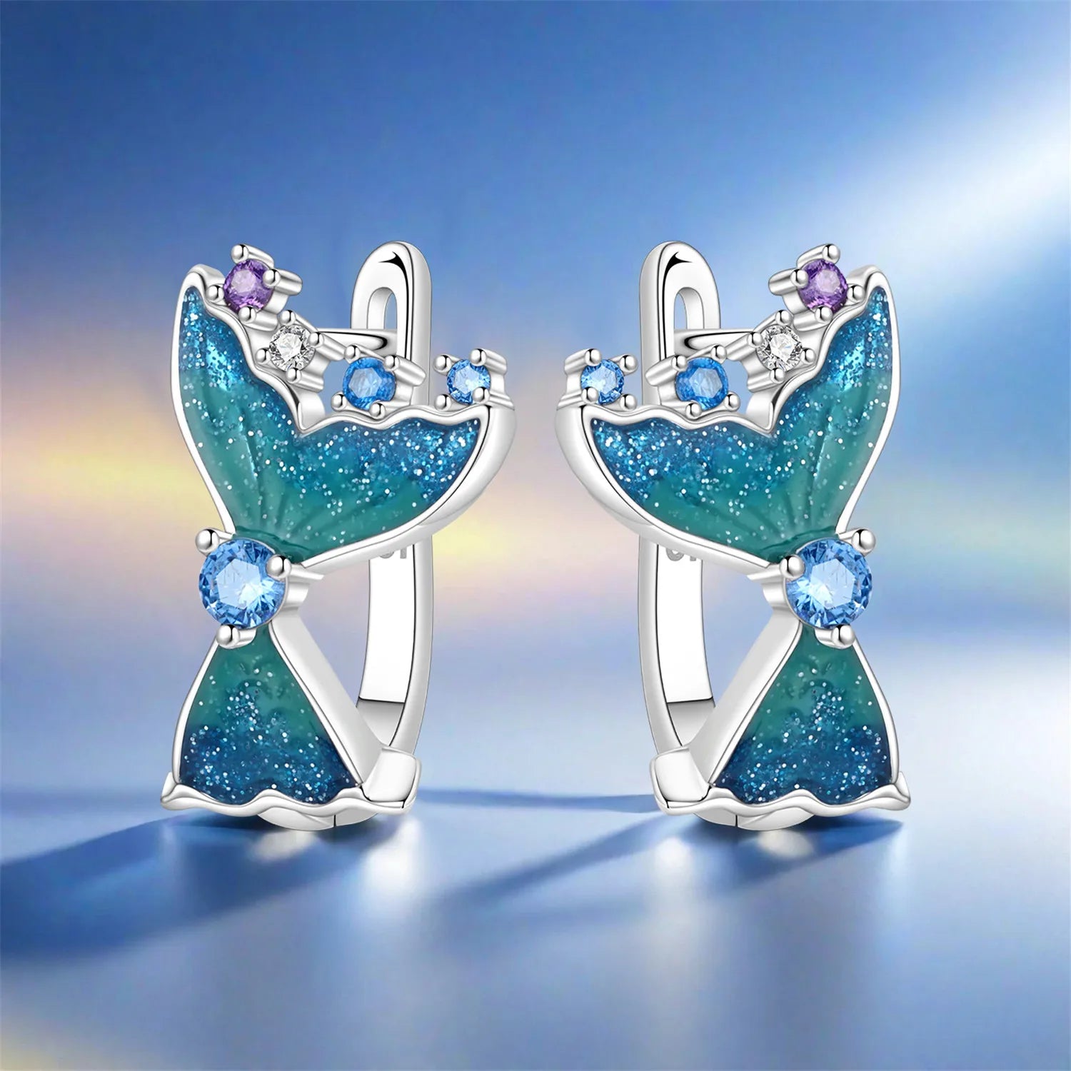 PANPOKI Original 925 Sterling Silver Blue Fish Tail Ocean World Earrings Women Hoop Earring Anniversary Jewelry Trendy Gifts
