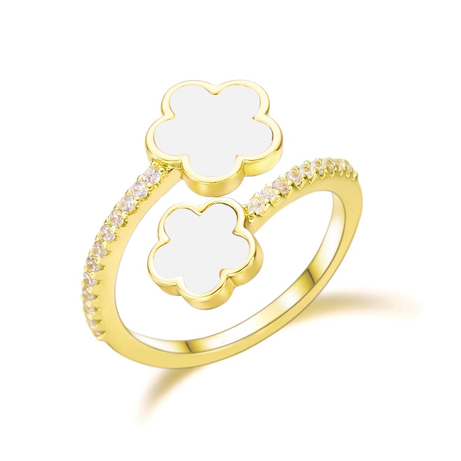 New Elegant Lucky Five Leaf Flower Ring For Women Micro Inlaid Zircon Flowers Adjustable Opening Finger Ring Romantic Jewelry