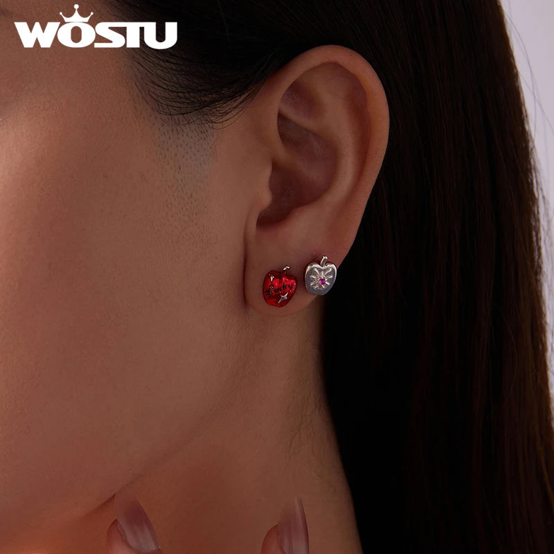 WOSTU Christmas Lucky Apple Stud Earrings For Women , 925 Sterling Silver Red Apple Earrings with Zircon Gems Cute Fruit Jewelry