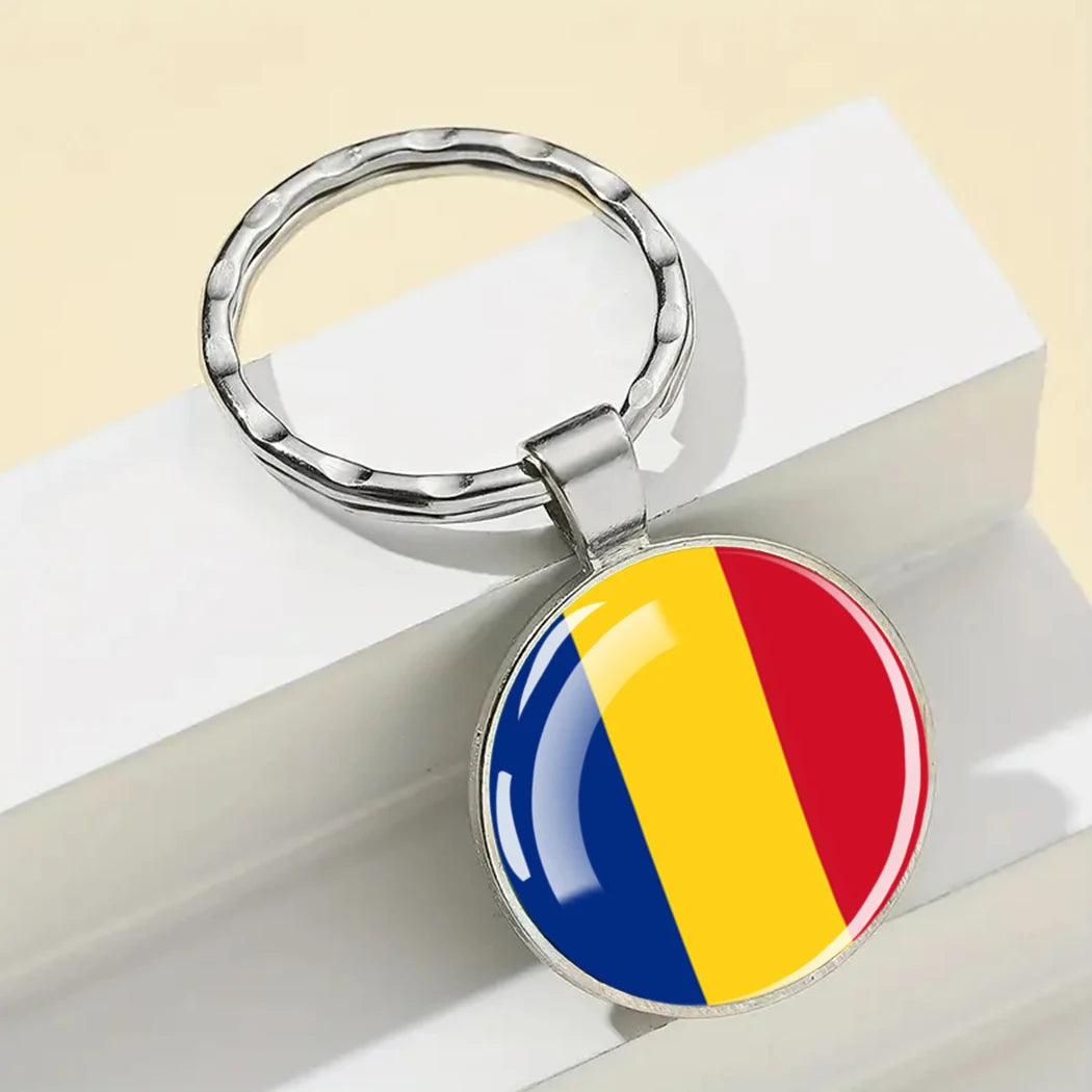 Europe National Flag Keychain Albania Spain Italy France UK Flag Glass Metal Key Chain Bag Pendant Gift for Patriot
