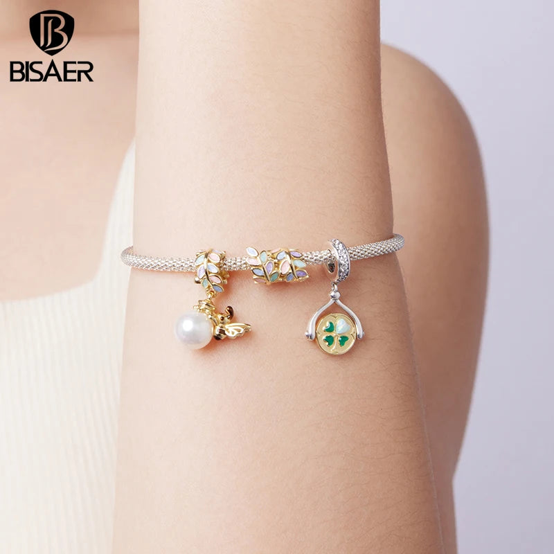 BISAER 925 Sterling Silver Four-Leaf Clover Charm Colorful Autumn Leaves Pendant Plated Gold for Women DIY Bracelet Fine Jewelry