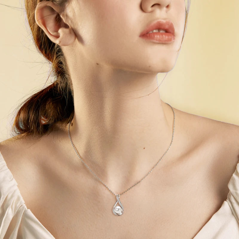 OXTAO Infinity Pendant Necklace 9mm Natural Freshwater Pearl Female Jewelry 925 Silver Moissanite Necklaces Wedding Gifts GRA