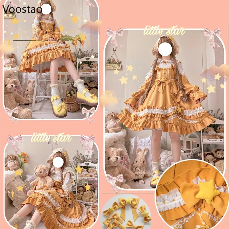 Original Japanese Sweet Lolita Op Dress Women Cute Little Star Ruffles Long Sleeve Princess Dress Female Kawaii Tea Party Dress