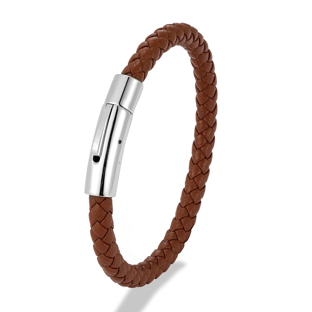 MKENDN 6 mm rotes geflochtenes Lederarmband für Damen und Herren, Edelstahlknopf, Schmuck, Unisex-Geschenk für Paare, klassisch schlichtes Design