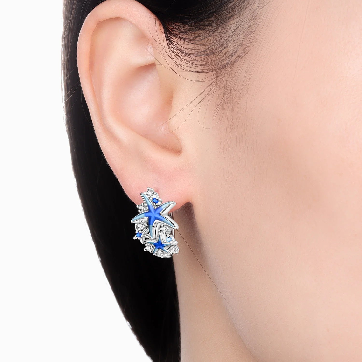 PANPOKI S925 Sterling Silver Dreamy Blue Starfish Earrings Hoop Earrings For Women Jewelry Original Party Trendy Gifts