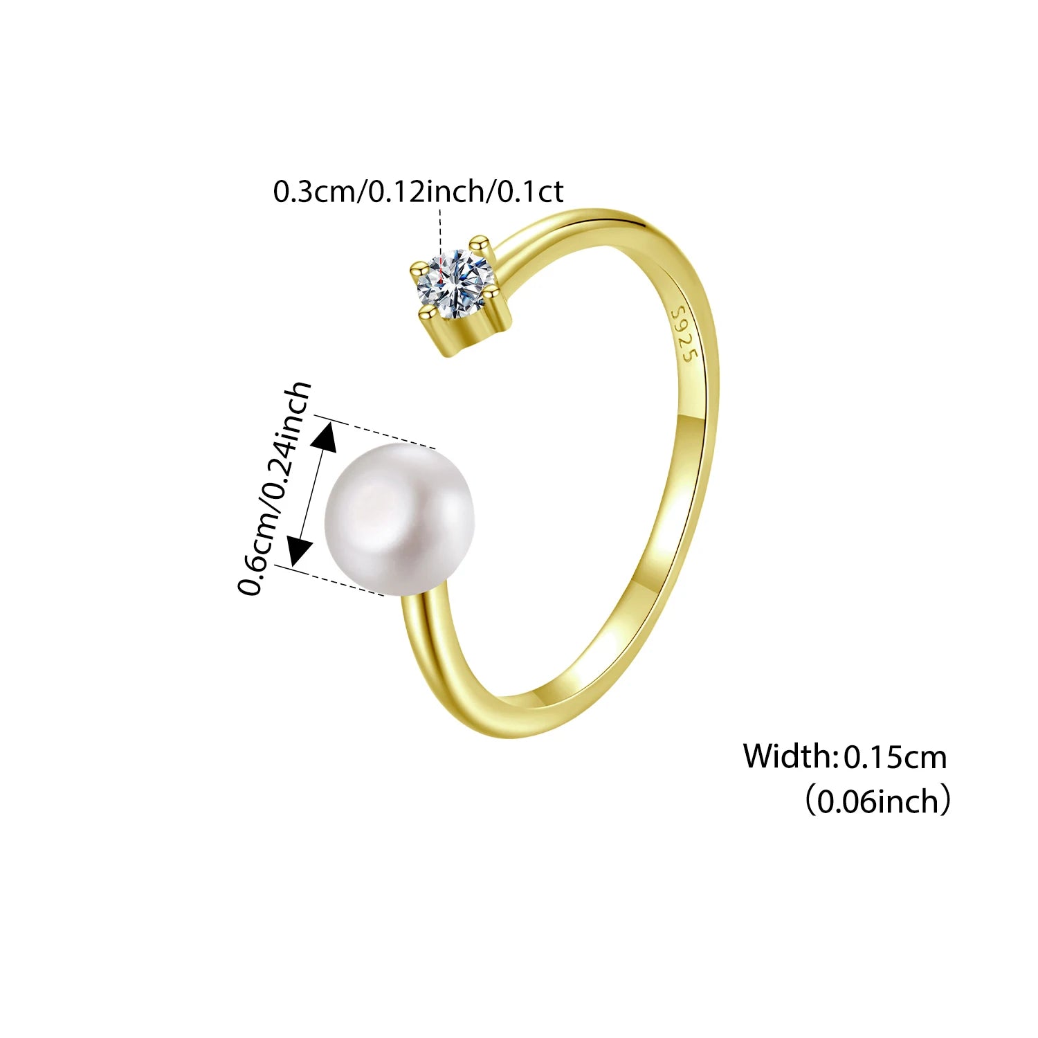Bague ajustable BISAER en argent sterling 925 avec diamant de laboratoire taille moissanite de 0,1 carat, anneau ouvert et perle d'eau douce. Bijou fin pour femme.