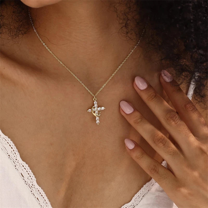Stainless Steel Rotatable Crown Cross Pendant Necklace for Women Shiny Rhinestone Cross Metal Choker Christian Prayer Jewelry
