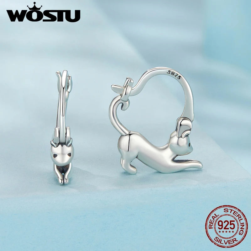 WOSTU Pet Cat Earrings Solid 925 Sterling Silver Lovely Cats Huggie Hoop Earrings Fine Jewelry gift For Family Daughter Girl