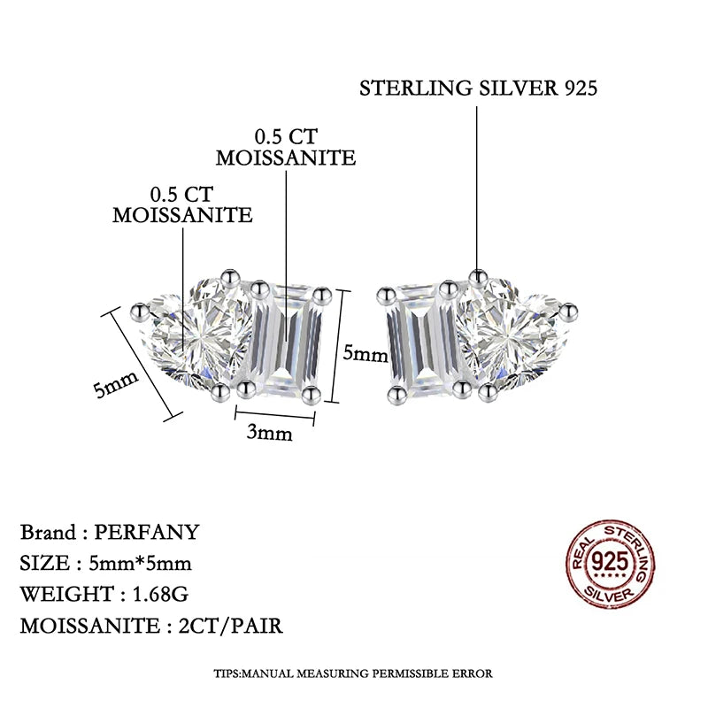 PERFANY Radiant Emerald Cut 2CT Moissanite Stud Earrings Women S925 Pure Silver Heart Laboratory Diamond Fashion Wedding Jewelry - Madeinsea©