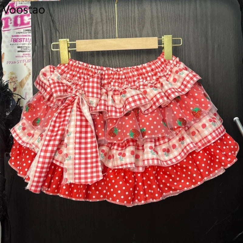 Japanese Kawaii Lolita Style Y2k Mini Skirt Women Sweet Strawberry Print Ruffle Punk Cake Skirt Girl Cute Bow Skirt Faldas Mujer