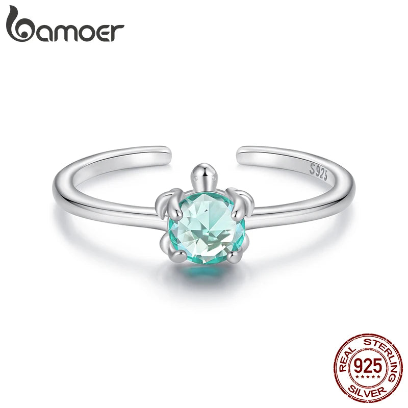 Bamoer 925 Sterling Silver Blue Turtle Open Ring Adjusable Transparent Glass Animal Ring for Women Teens Cute Xmas Wishes Gift