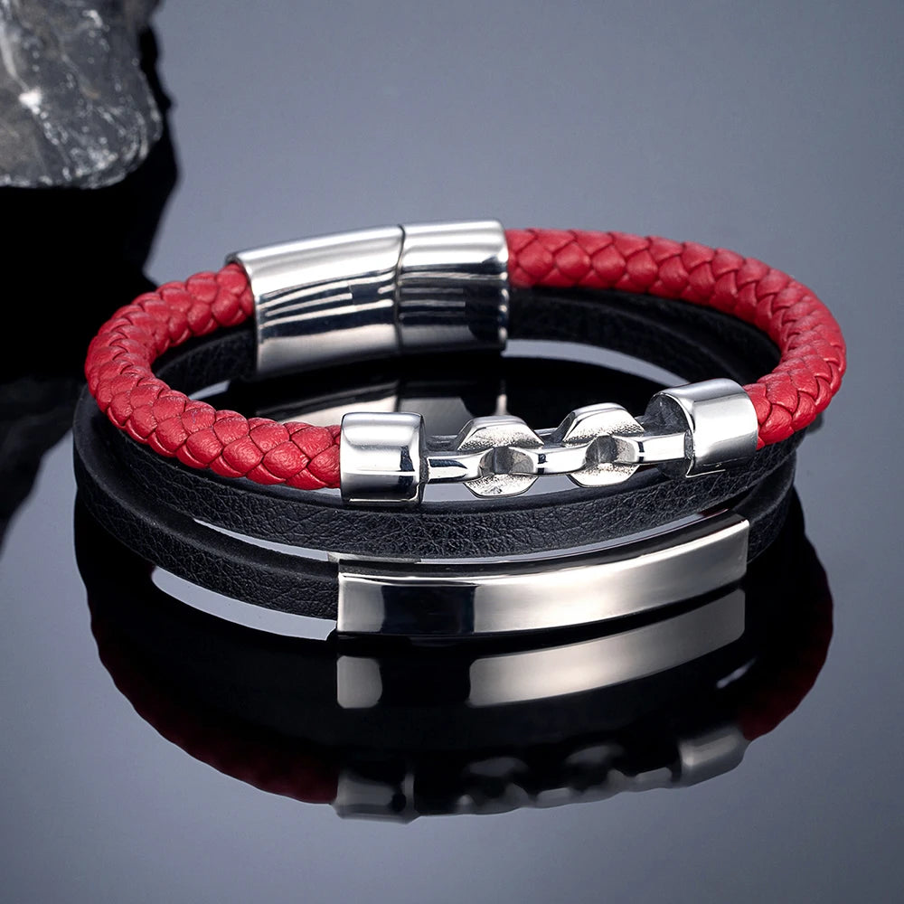 MKENDN Punk Style Multilayer Braided Leather Bracelet Vintage Men Bicycle Chain Bracelet Stainless Steel Easy Buckle Male Gift