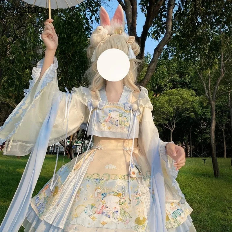 Sweet Lolita Princess Dress Set Women Kawaii Cute Cartoon Rabbit Print Party Mini Dresses Girl Harajuku Y2k Long Sleeve Vestidos
