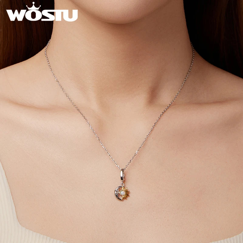 WOSTU 925 Sterling Silver Sun and Moon Charm Pendant White Gold Original Fit for Women Bracelets DIY Birthday Daily Fine Jewelry