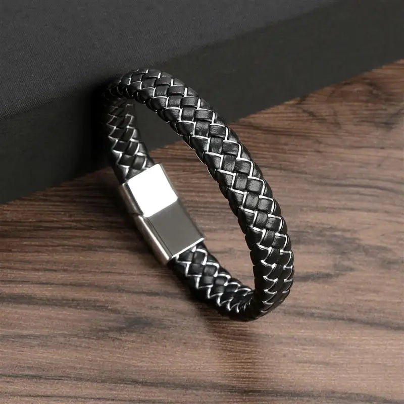 Bracelet jonc homme style punk en cuir tressé noir, fermoir magnétique en acier inoxydable, 18,5/22/20,5 cm