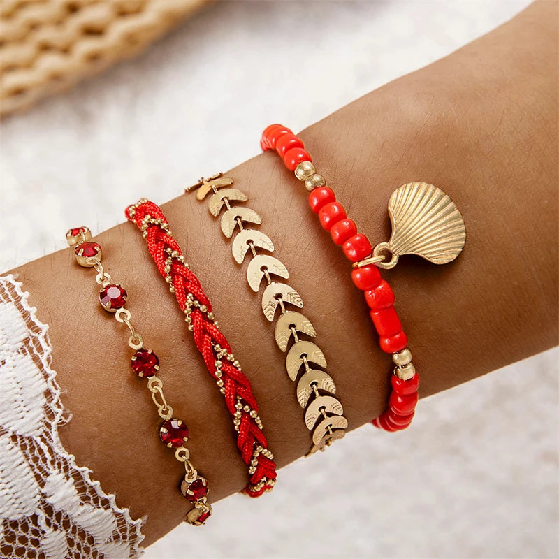 4pcs/set Bohemia Shell Bracelets for Women Ethnic Style Colorful Zircon Rice Beads Metal Chain Bangles Girl Summer Beach Jewelry