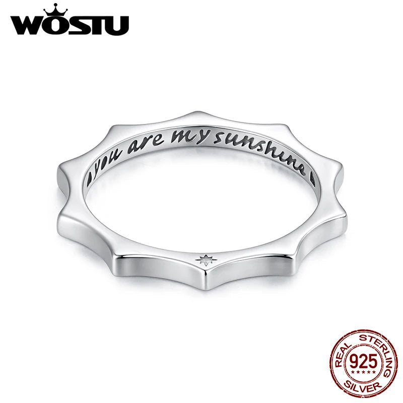 WOSTU Solid 925 Sterling Silver Gear Ring For Women, Couple gifts "You Are My Sunshine" Charming Sun Rings Anniversary Jewelry