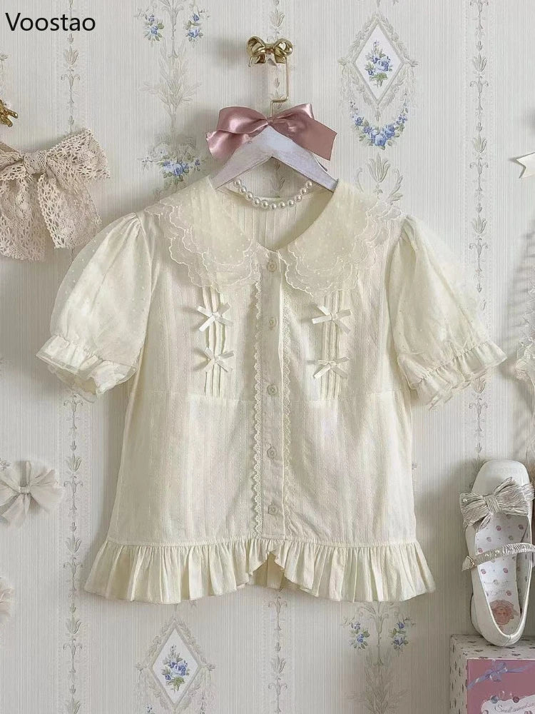 Sweet Lolita Blouses Girly Japanese Kawaii Bow Lace Peter Pan Collar Puff Sleeve JK Shirts Women Cute Princess Tops Blusas Mujer