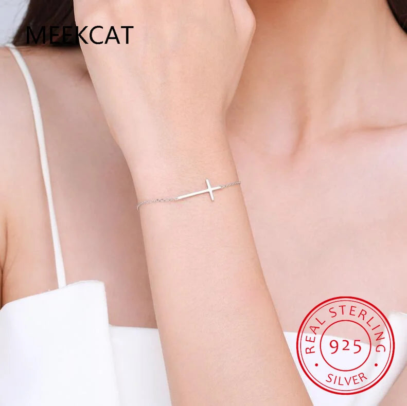 100% 925 Sterling Silver Classic Simple Cross Elegant Adjustable Bracelets Chain For Women Grils Fine Jewelry Accessories S0565