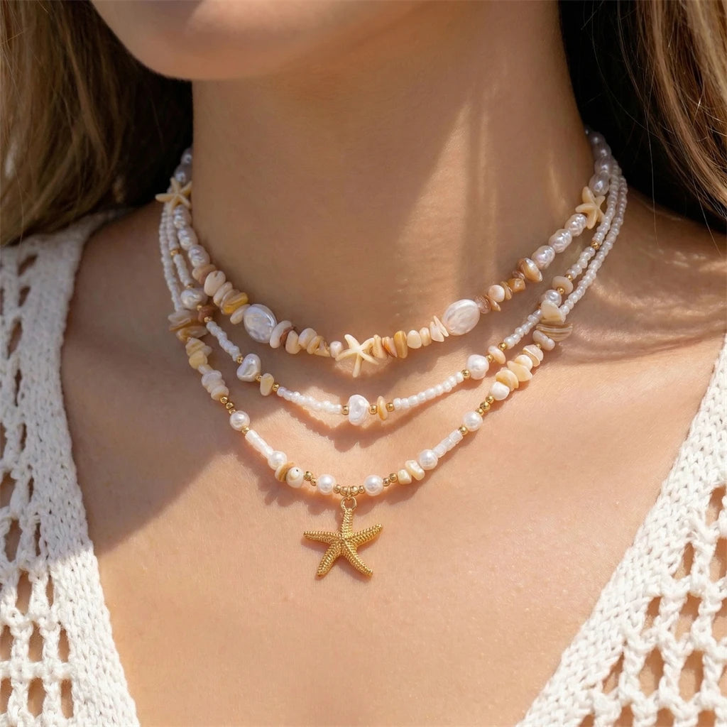 Bohemian Double Layer Seashell Necklaces For Women Handmade White Rice Beads Shell Short Collar Choker Beach Party Neck Jewelry
