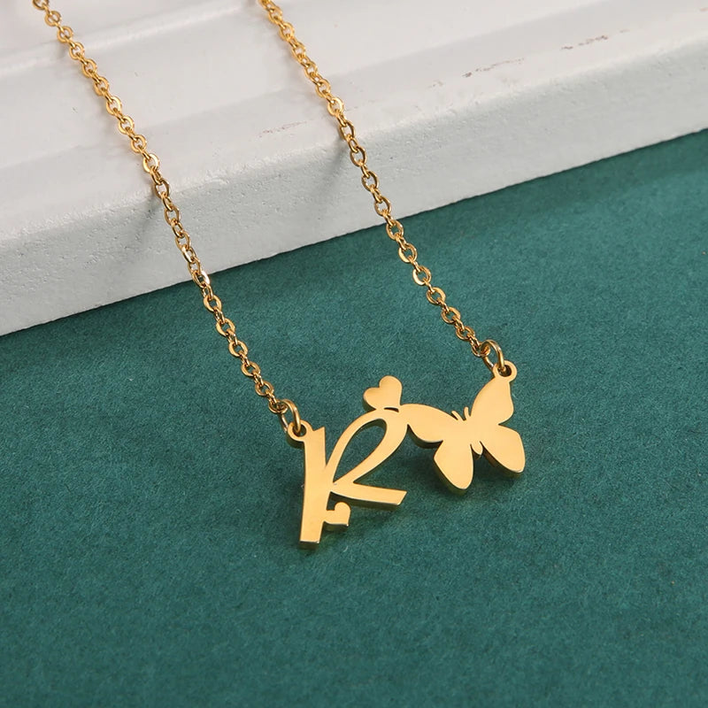 New Fashion 26 Initials Letter Pendant Butterfly Necklace for Women Elegant Stainless Steel Gold Color Necklace Jewelry Gift