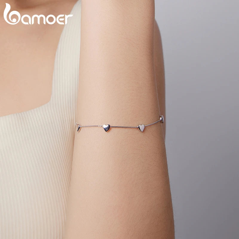 BAMOER  925 Sterling Silver Adjustable Heart Bracelet Dainty Box Chain Bracelet for Women Teen Girls Sweet Birthday Gift
