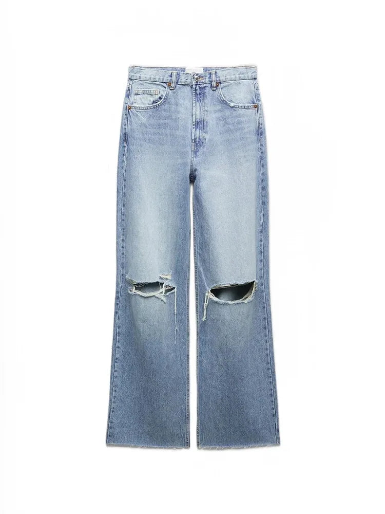 Women's loose hole decoration high-waisted jeans Fashion versatile wide-legged trousers Elegant fashion women's clothing