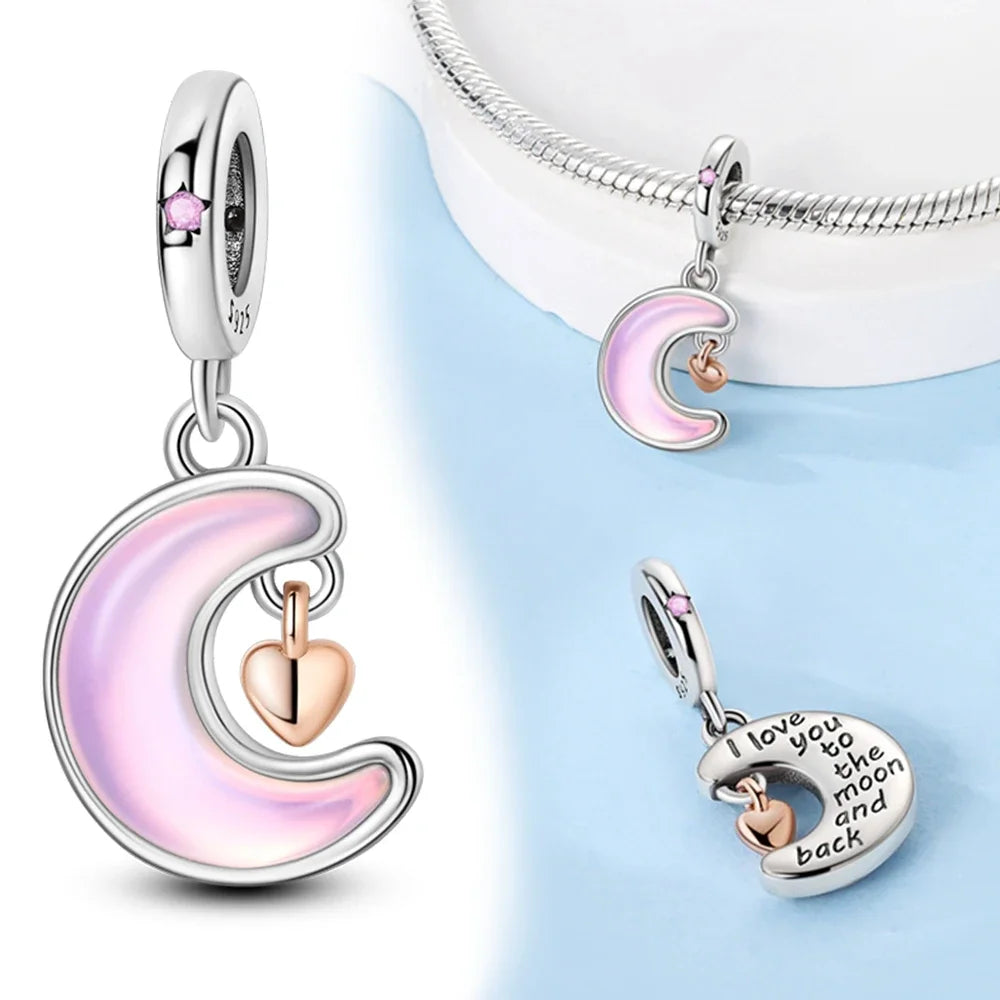 925 Sterling Silver Purple Heart Moon Planet Charm Pendant Beads Fit Charms Silver Original Bracelet for Women Jewelry