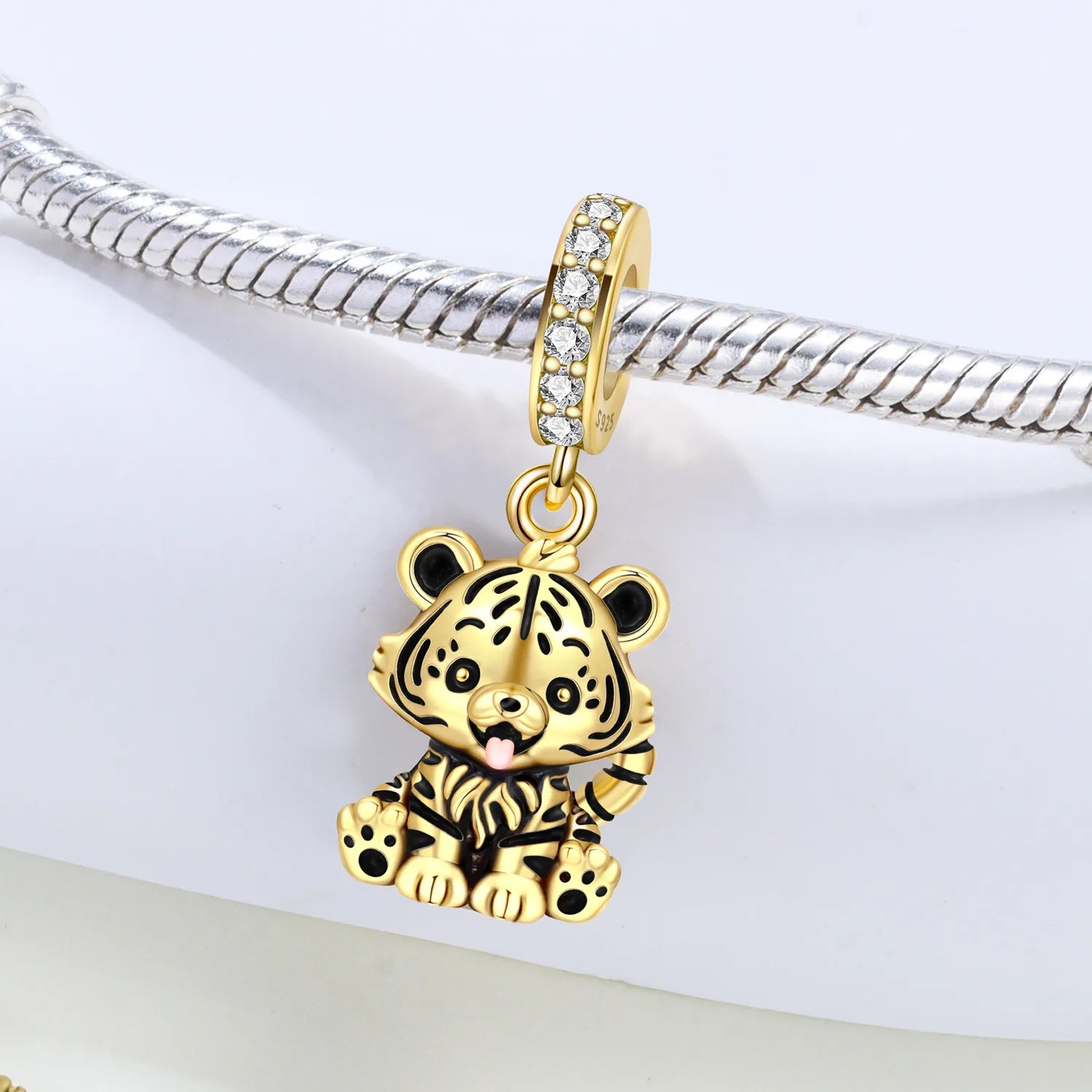 PANPOKI 925 Sterling Silver Cute Little Tiger Animal Pendants Bracelet Charms Fit Women Jewelry Party Beads DIY Trendy Gifts