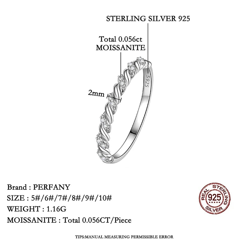 PERFANY All Moissanite Ring Women's 100% Pure Silver Twisted Pattern Design GRA Laboratory Diamond Wedding High End Jewelry