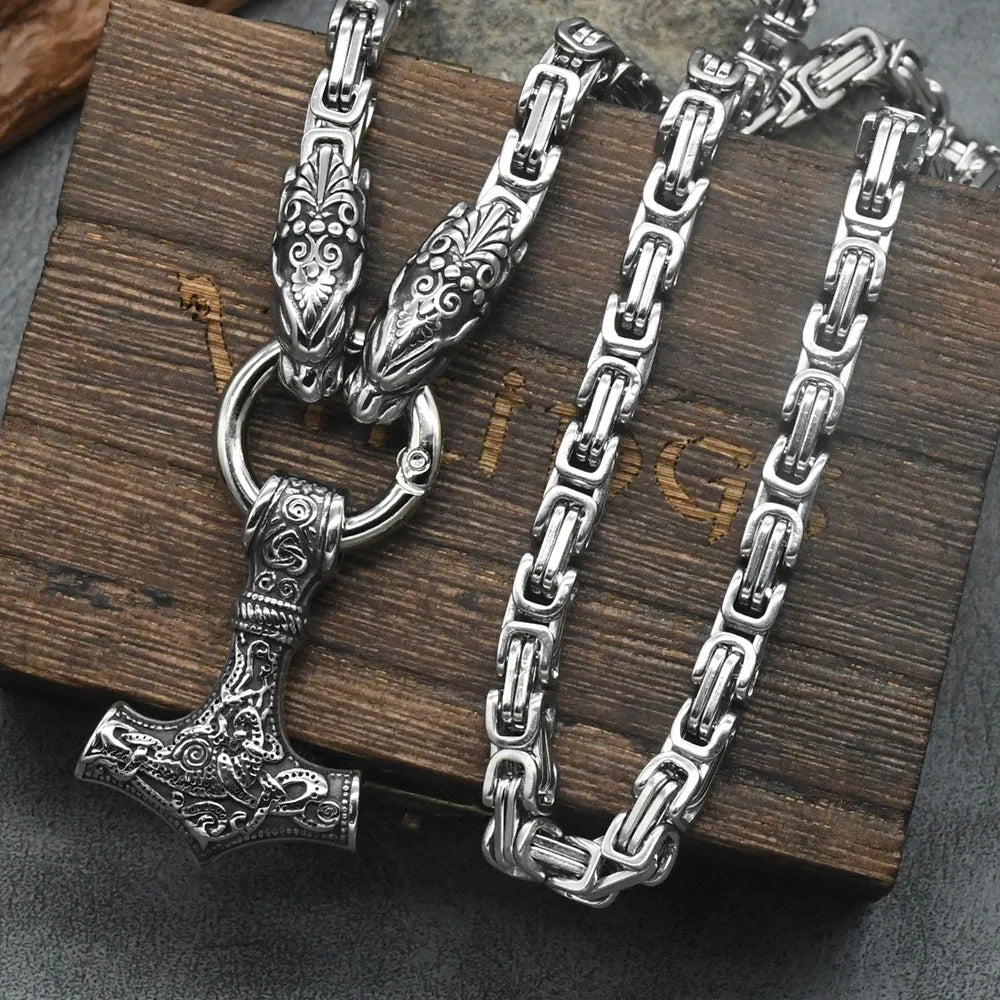 Stainless Steel Wolf Head with King Chain Necklace thor's hammer mjolnir viking  Rune Amulet Domineering Biker Jewelry