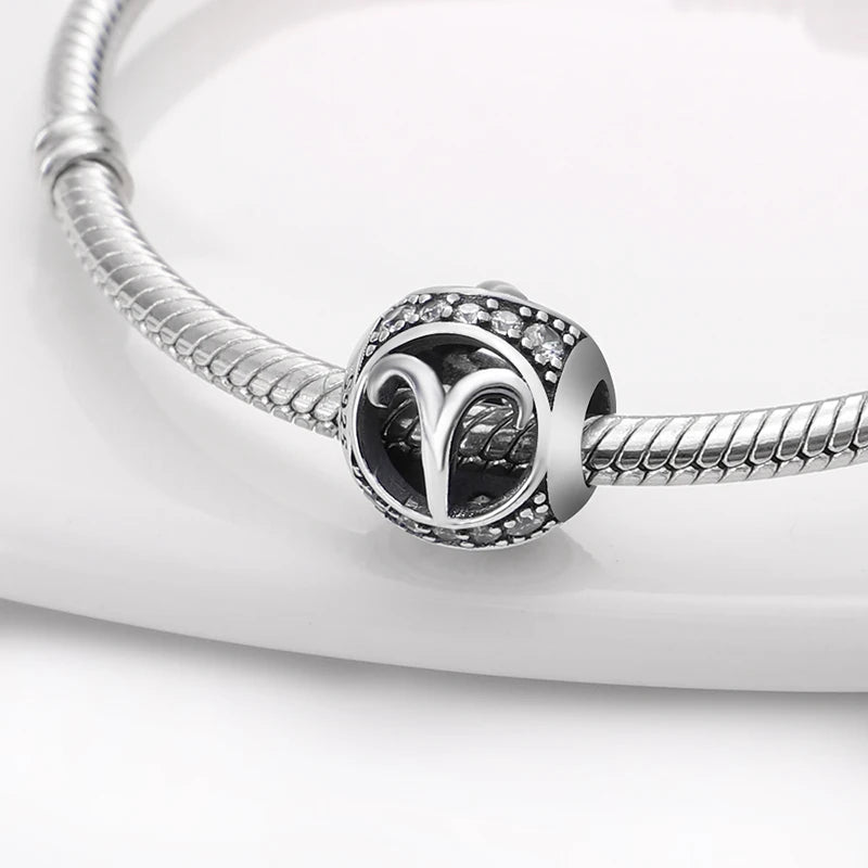 925 Silver Plate 12 Constellation Round Zircon Charms Beads Fit Pan 925 Original Bracelets Fine DIY Birthday Jewelry Gifts