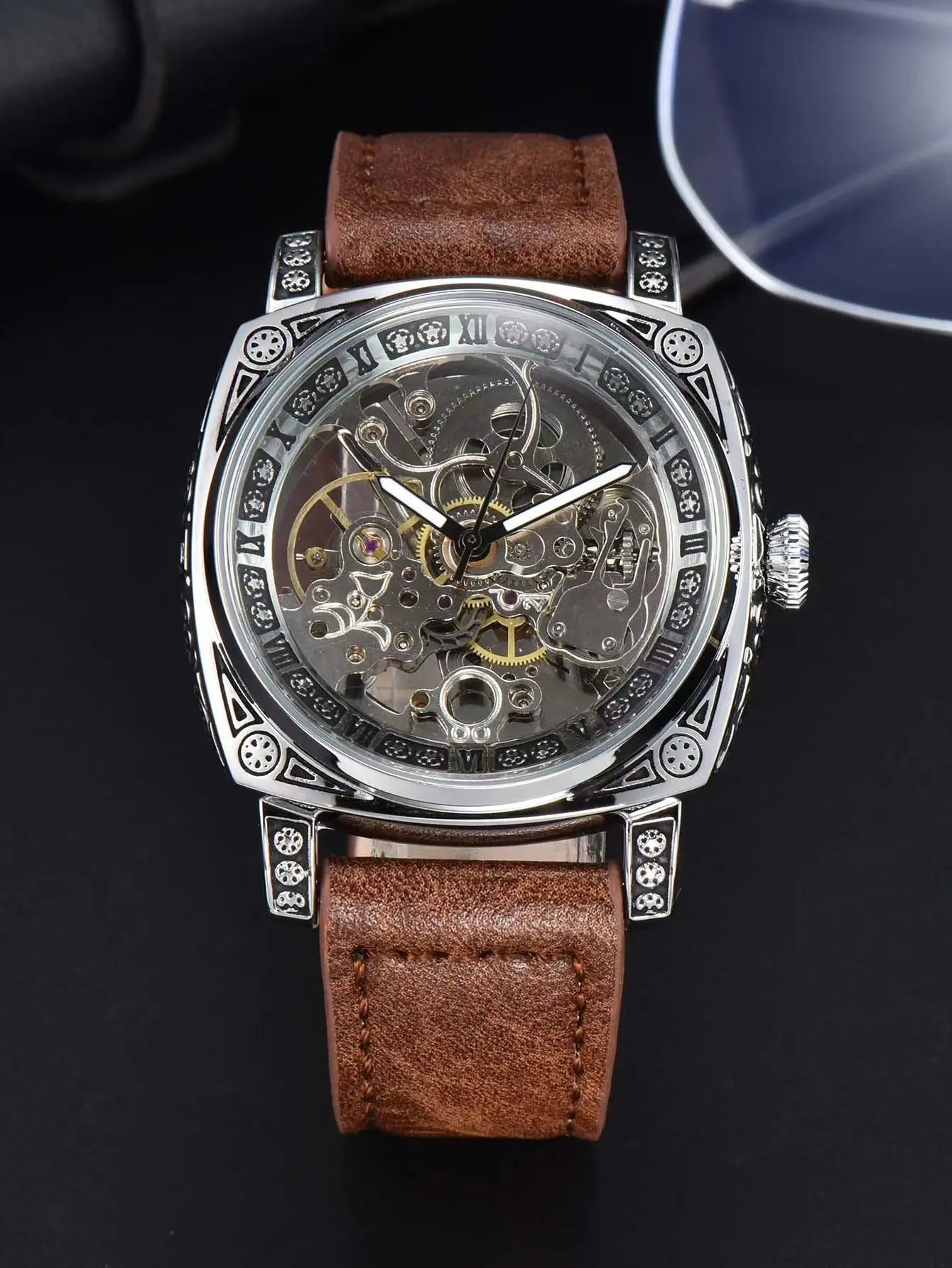 LONGLUX automatic watch retro style wholesale mechanical wristwatches skeleton carve waterproof leather no logo mens watch - Madeinsea©