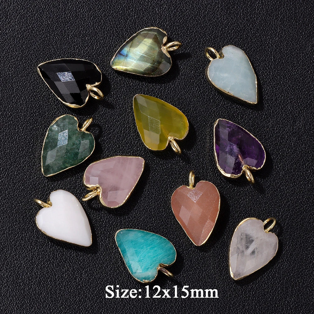 2PCS/lot Faceted Heart Shape Stone Pendant Natural Amethyst Rose Quartzs Labradorite Love Charms For Jewelry Making Necklace DIY